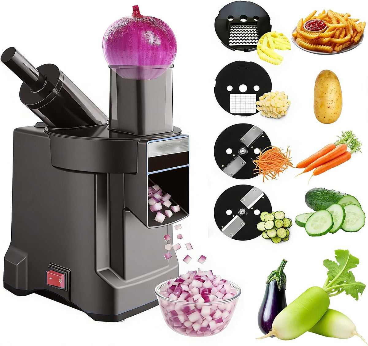 CHHMAELOVE trancheuse électrique, 100 W, Noir, Coupe-légumes électrique 4-en-1 amélioré avec Coupe-Frites ondulé