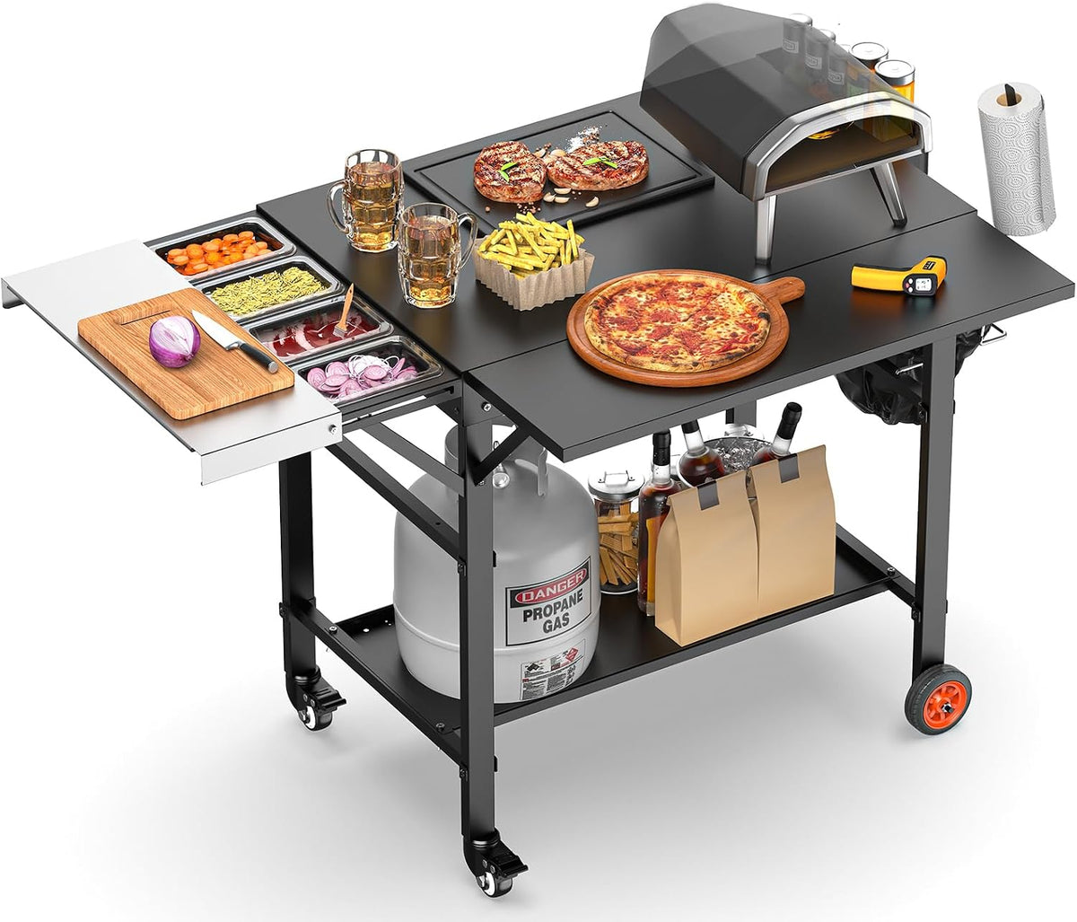 DeintYei four à pizza, Noir/Argenté, Table de pour Ooni avec dessus, Support à pizza avec roues