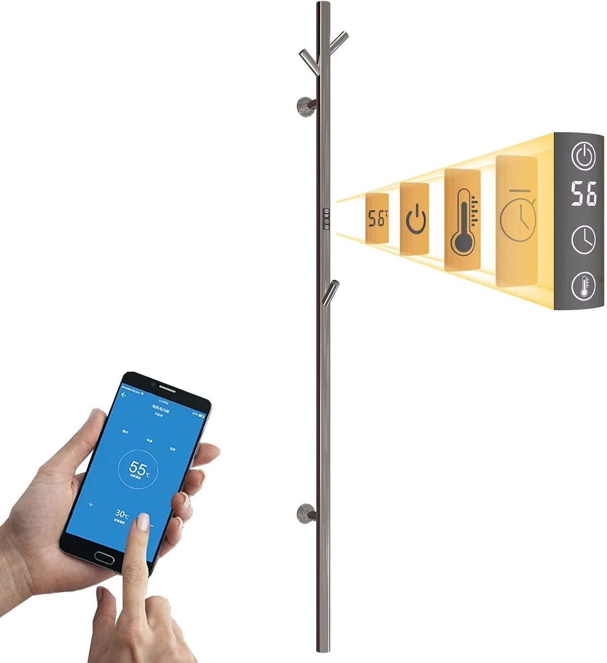 ESOP Sèche-serviettes, 40 W, 1525×65 mm, Noir, Sèche-Serviette, Chauffe-Serviettes WiFi Intelligent