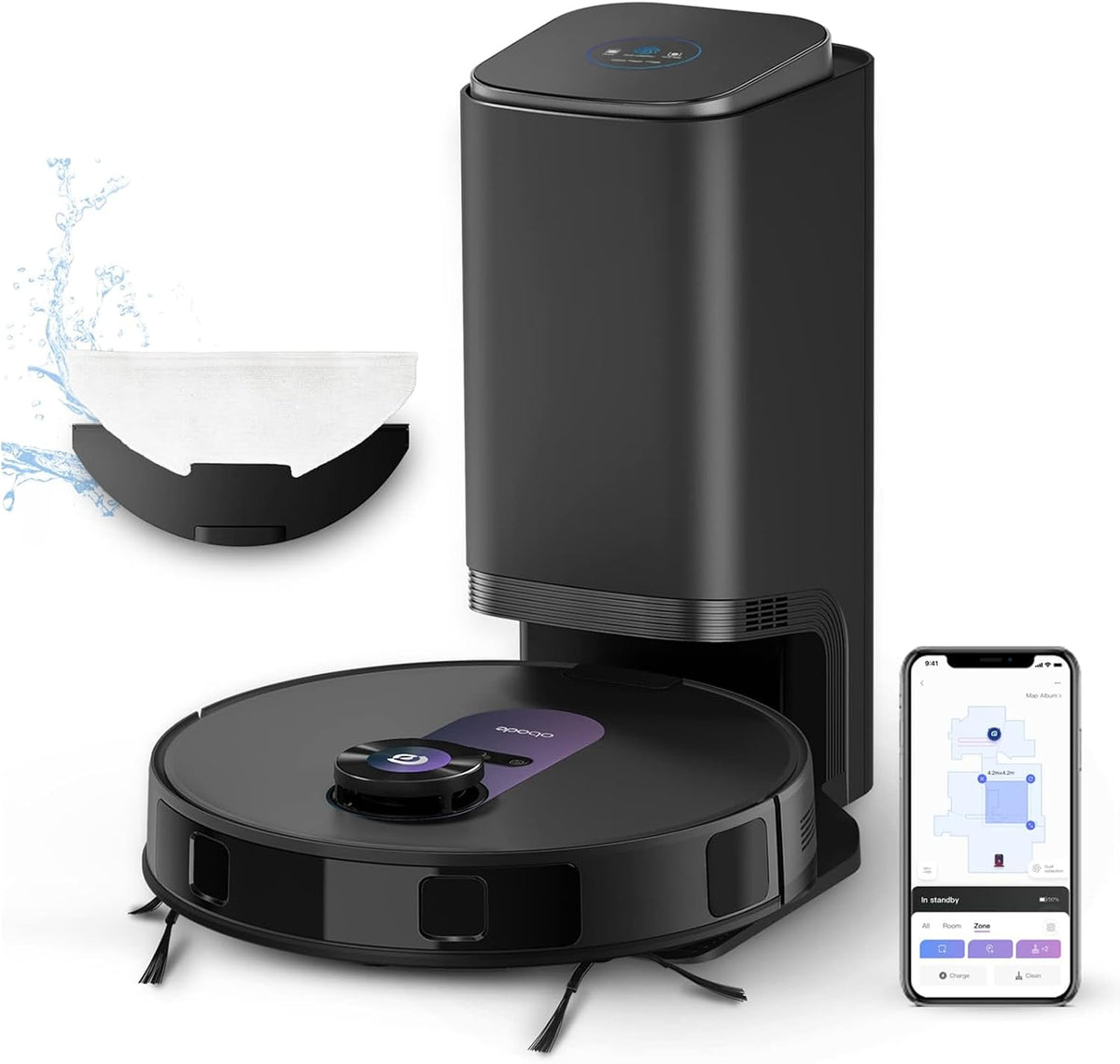 OBODE robot aspirateur, Noir, A8+ Laveur avec Station, Aspirateur Robot 4000Pa, 180min d'Autonomie, Détection d'obstacles 3D