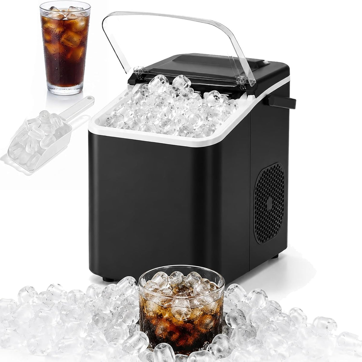 RSPPPJQ machine à glaçons, 59 dB, Argenté, de comptoir, 26 LBS/24 H, glace rapide en 7 minutes, 2 tailles