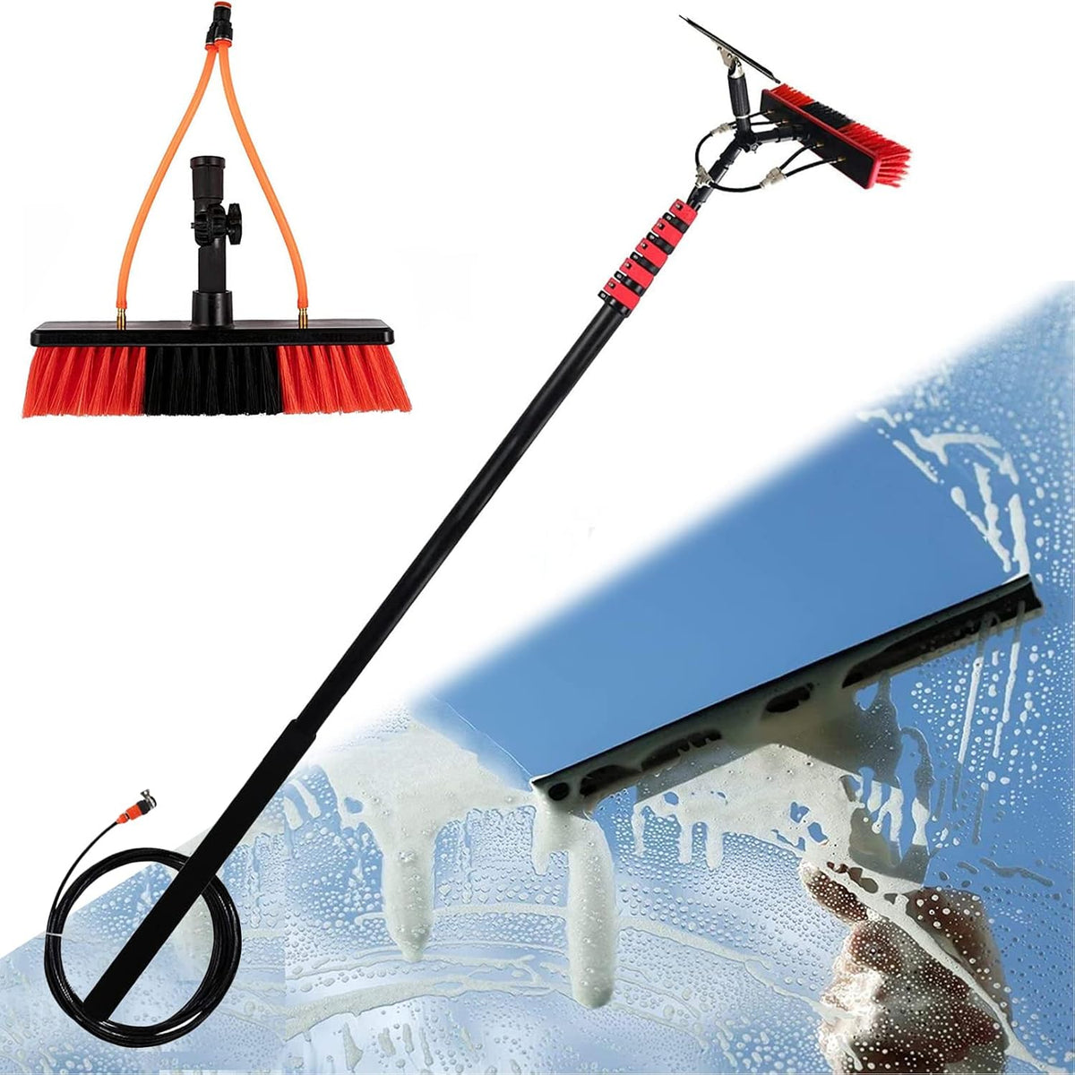 Brosse Brosses pour vitres, 10,8 m, Noir, télescopique alimentée en eau de 3, idéal pour les toits de véranda et le nettoyage à