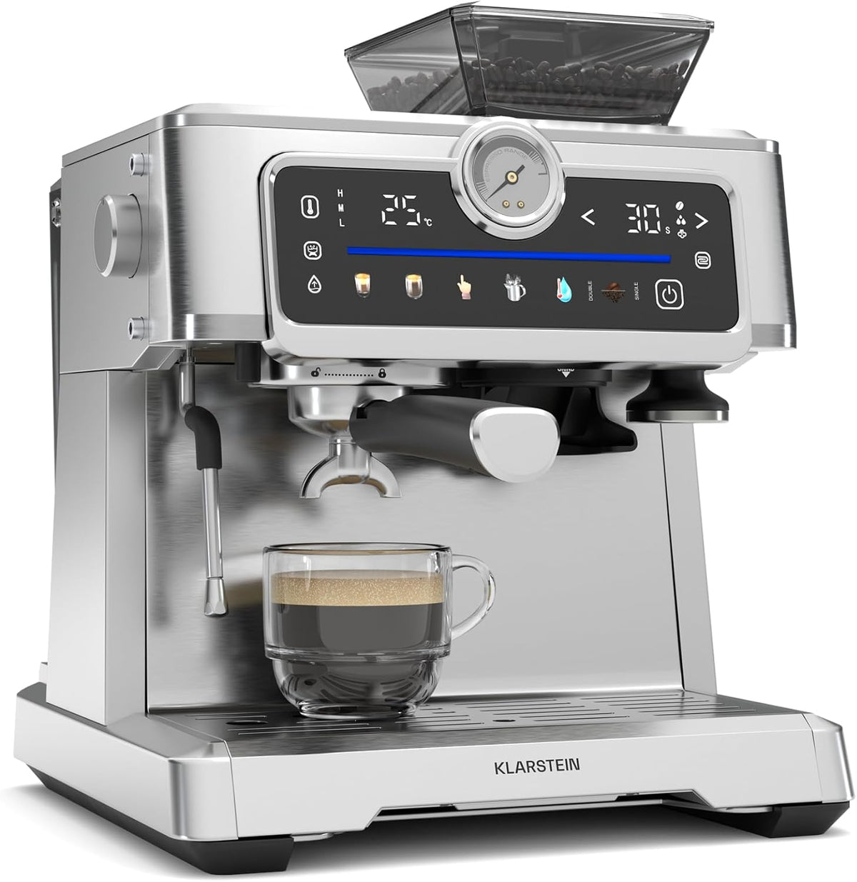 KLARSTEIN machine à café, 1350 W, 2,3 L, Argenté, GrandPresso Touch en grain, Écran tactile, Broyeur intégré