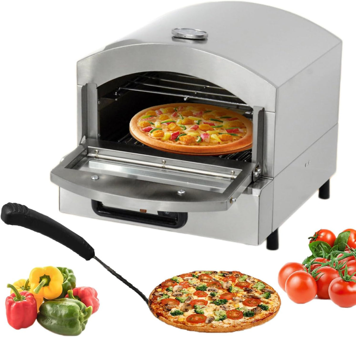 ERSINIAN four à pizza, 47,5 x 42,5 x 40,5 cm, 110 V/220 V, Argenté, Professionnel de comptoir, électrique en Acier Inoxydable avec étagère