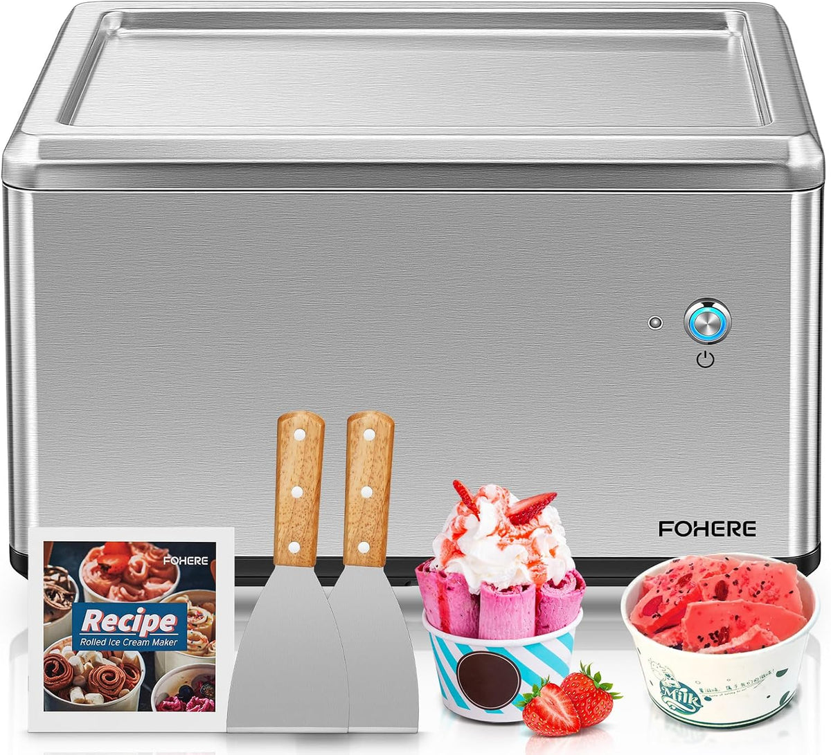 FOHERE sorbetière, Noir, Machine à Glace Roulée avec 2 Grattoirs, Ice Roll Plaqueen, Rouleau de Crème Glacée Douce en Seulement 3 Minutes