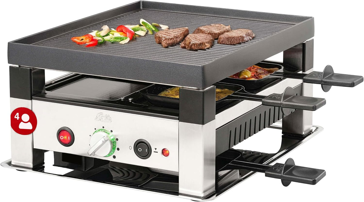 Solis Grills électriques, 1020 W, Argenté, Table Grill 7910 5 en 1 Appareil à raclette pour 4 personnes, Barbecue électrique