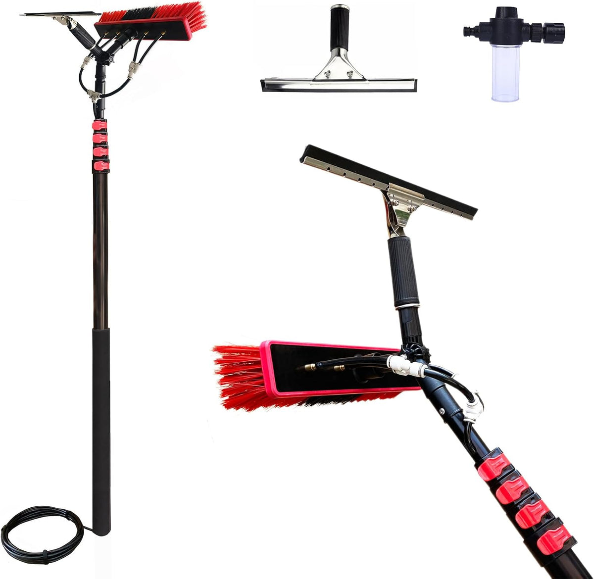 HMASNSEIY Manches télescopiques, 6 m, Noir, Brosse de nettoyage à eau avec distributeur de savon, perche télescopique de 3