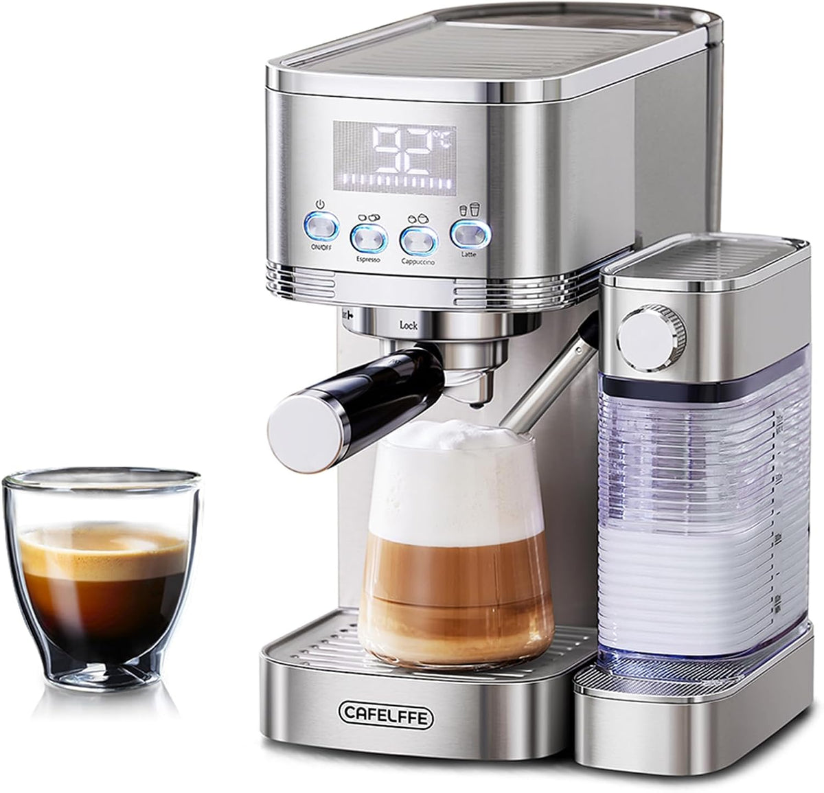 Cafelffe machine à café, Argenté, latte et expresso, double chaudière avec contrôle de température PID, autonettoyant