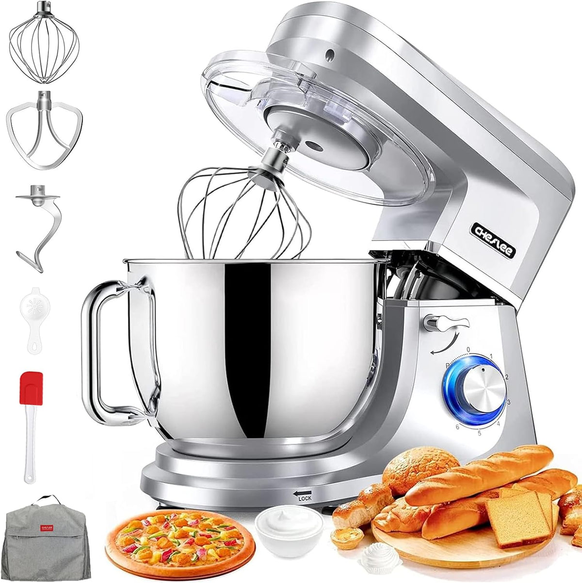 CHeflee robot de cuisine, 2000 W, 8 L, Argenté, Robot Pâtissier Bol d'Acier Inoxydable, Housse anti-Poussière