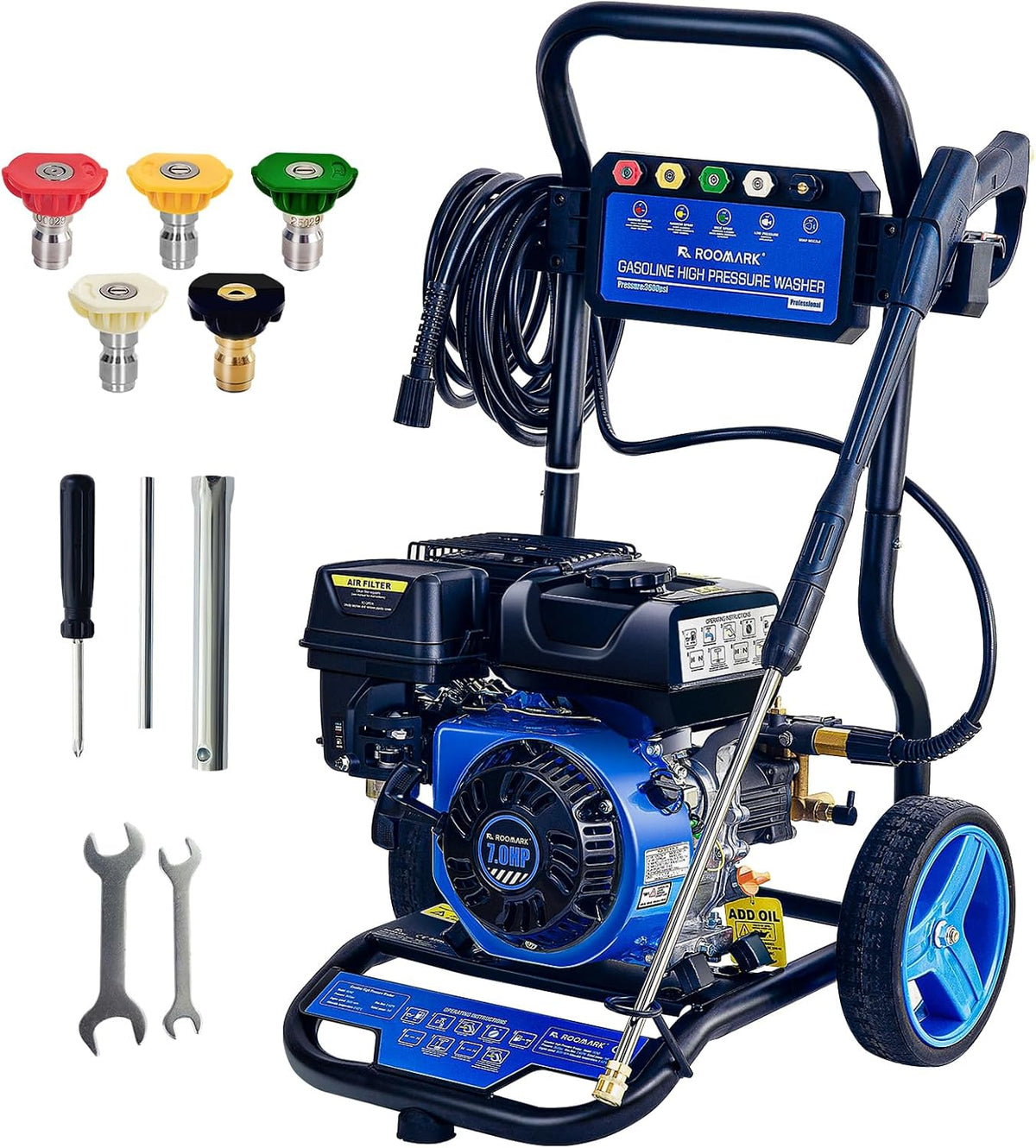 Roomark nettoyeur haute pression, 248 Bar, 590 L, 8 m, Noir, Thermique, 3600 PSI /h Laveuse à Essence 210cc 7