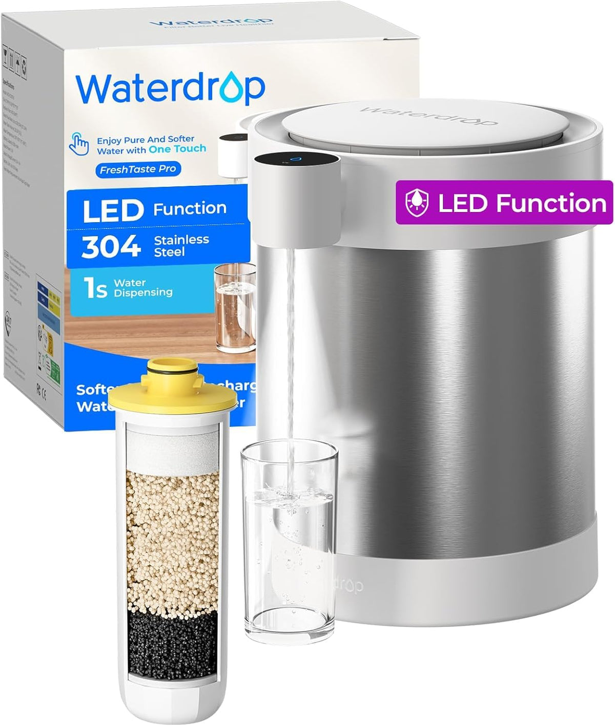 Waterdrop Filtres pour systèmes apparents, 5,3 L, Argenté, ED09 W Distributeur Filtrant Électrique en Acier avec UV