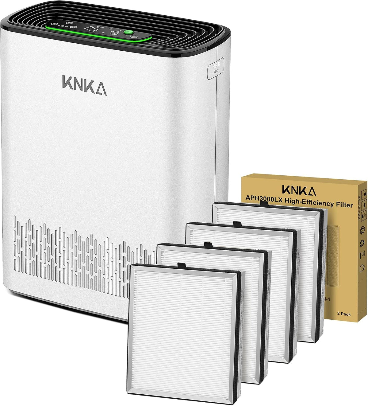 KNKA purificateur d'air, 300 m, 80 m, Blanc, APH3000 et Filtres de Rechange (Lot de 4) Bundle, CADR ³/h, Filtre HEPA & Charbon Actif