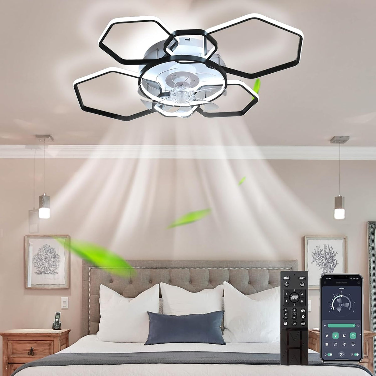 Fachae Ventilateurs de plafond avec lampe intégrée, 110-220 V, faible bruit du vent aussi faible que <25 dB, noir/blanc