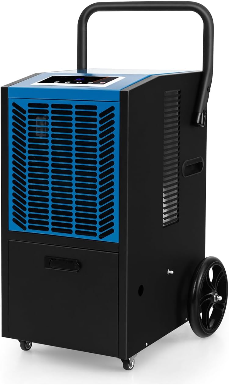 GOPLUS déshumidificateur, 66 L, 355 m, Bleu, Minuterie 24 H, Professionnel avec Poignée & Roues, Tuyau pour Dégâts d'Eau