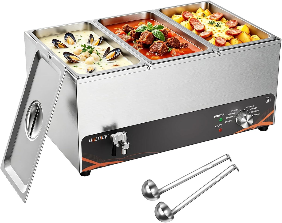 DULNICE Buffets chauffants, 1500 W, 24 L, Argenté, 3 Bacs Bain-Marie Électrique en Acier Inoxydable, Robinet de vidange