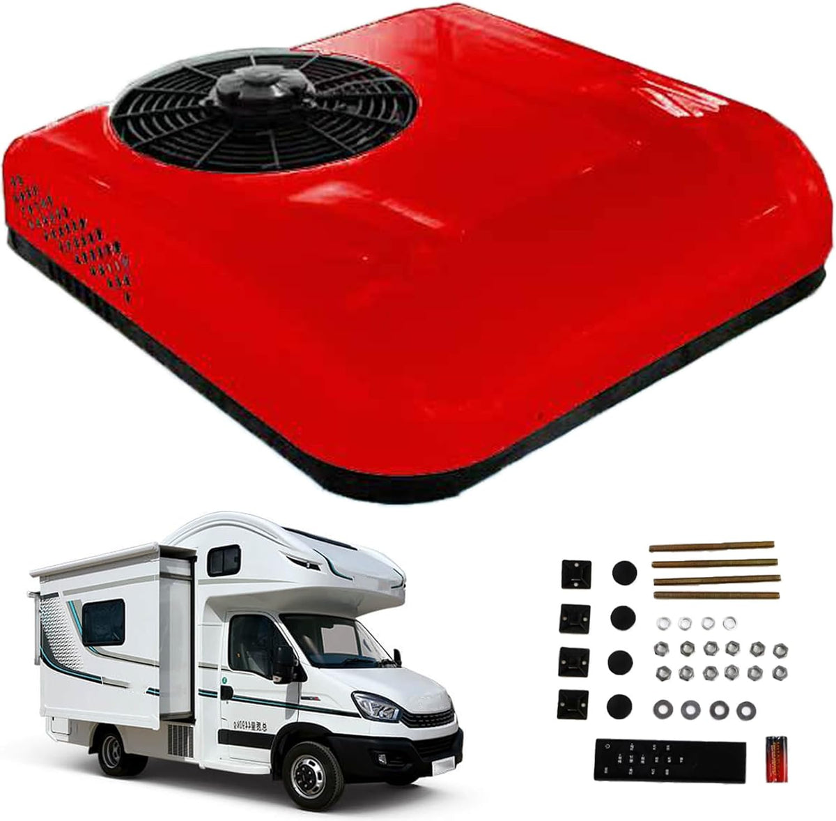 ylpddmm Climatiseurs, 68,5 cm × 68 cm × 14,5 cm, 850 W, 24 V/12 V, aussi bas que 20 dB, 12 V, Blanc/Rouge, Climatiseur Toit /24 V CC pour Camping-Car