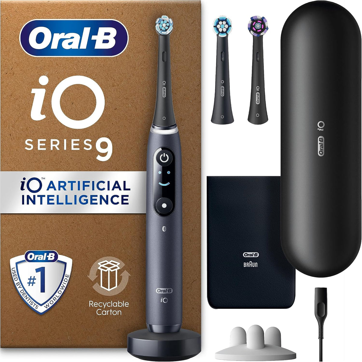 Oral-B Rotatives, Noir, iO9 Brosse à dents électrique, poignée connectée à l'application, 3 têtes de brosse à dents