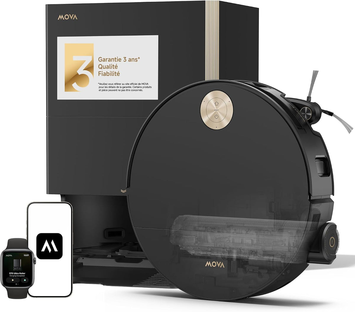 MOVA robot aspirateur, Noir, S70 Ultra Roller Laveur 32 000 Pa, HydroForce, navigation CovertSense, technologie AutoShield