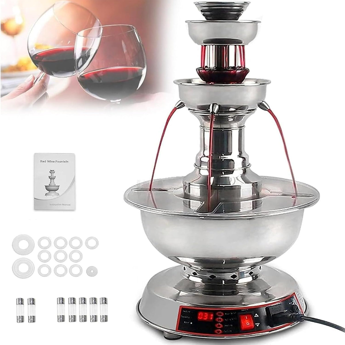 JINGEDD Pompes à vin, 1,5-3,5 L, 120 W, 110 V / 60Hz-220 V / 50Hz, 304 en acier inoxydable, Noir, Fountaine De FêTe à 3 Niveaux