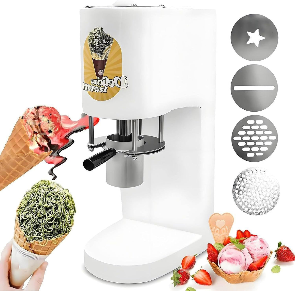 WEIZIIA sorbetière, 80 W, Argenté/Blanc, Machine à glace professionnelle pour spaghettis, professionnelle en acier inoxydable avec 4 moules à pâtes