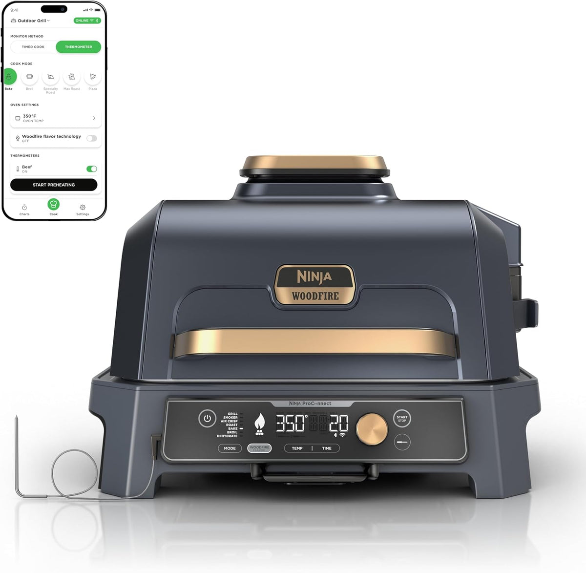 NINJA fumoir, Noir, Woodfire OG951BL1 Pro Connect XL Barbecue d'extérieur, Bluetooth, compatible avec l'application