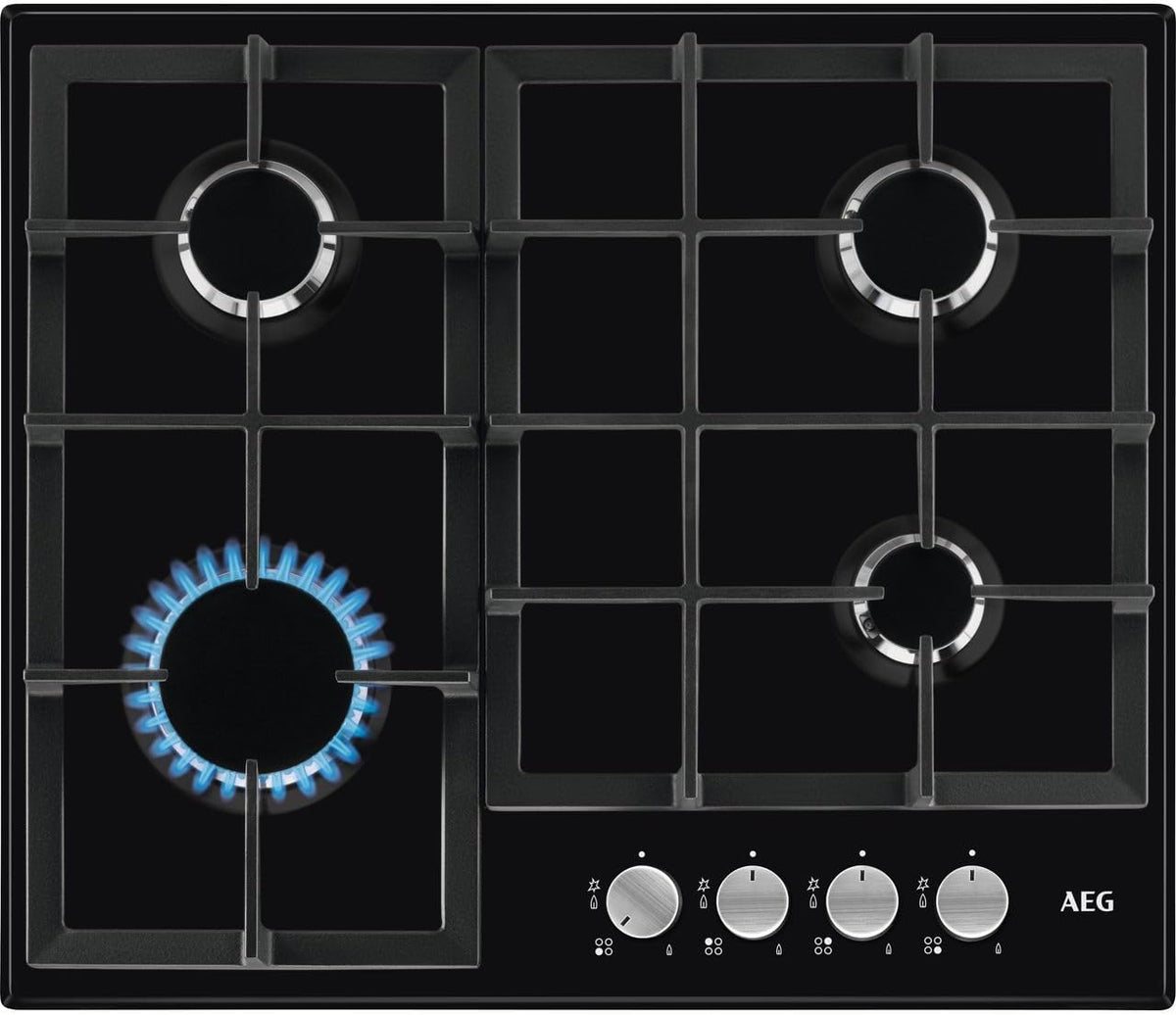 AEG table de cuisson, 60 cm, Noir, Plaque de cuisson à gaz 3000, 4 zones de cuisson HGX64200SB, supports de poêle en fer