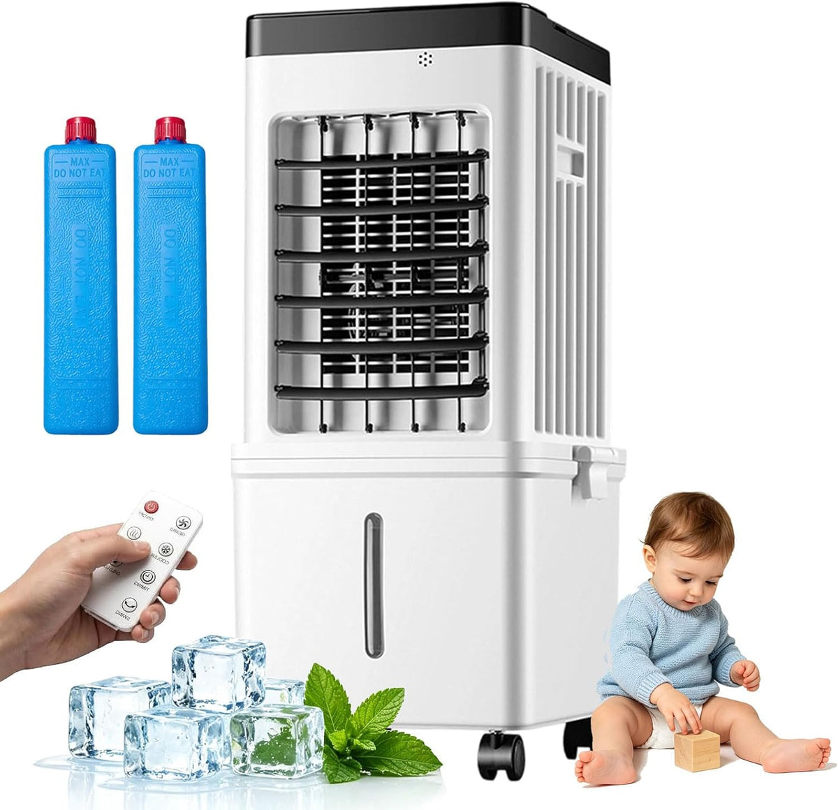 Rafraîchisseur rafraîchisseur d'air, 15 L, Blanc, d'Air Évaporatif 4 en 1, Ventilateur Refroidisseur Silencieux avec Humidificateur & Purificateur