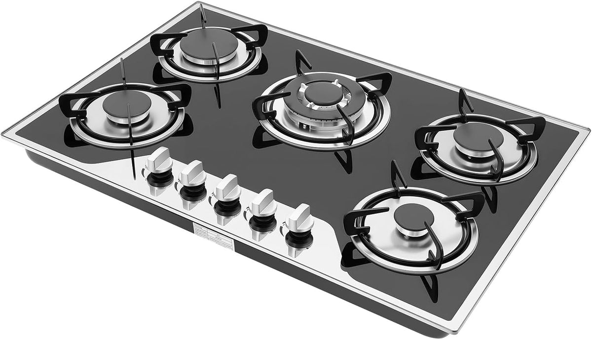 HazLope Tables de cuisson, 77 cm, Noir, Plaque Cuisson Gaz 5 Brûleurs, Table Gaz Encastrable Vitrocéramique e