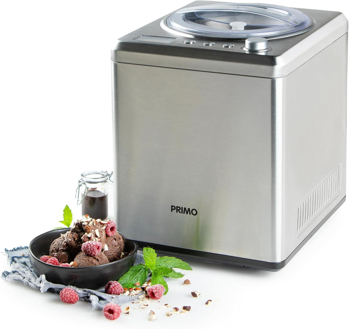 PRIMO sorbetière, 27 cm L x 31 cm P x 36 cm H, 2 L, Argenté, PR408IM - Machine à glace - Auto-congelante - Avec Compresseur - - Argent