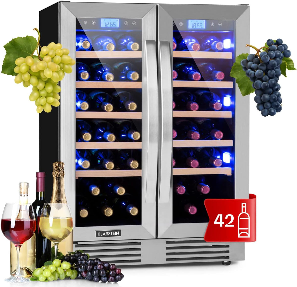 KLARSTEIN réfrigérateur, 126 L, 2 x 5, Noir, Vinovilla Duo42, Cave à vin, à boissons, layettes en bois, 2 zones de refroidissement