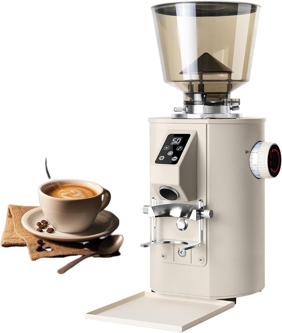DUXMM Moulins électriques à cônes, 64 mm, Argenté/Blanc, Moulin à café Professionnel en Acier Inoxydable, doseur de Grains de café électrique