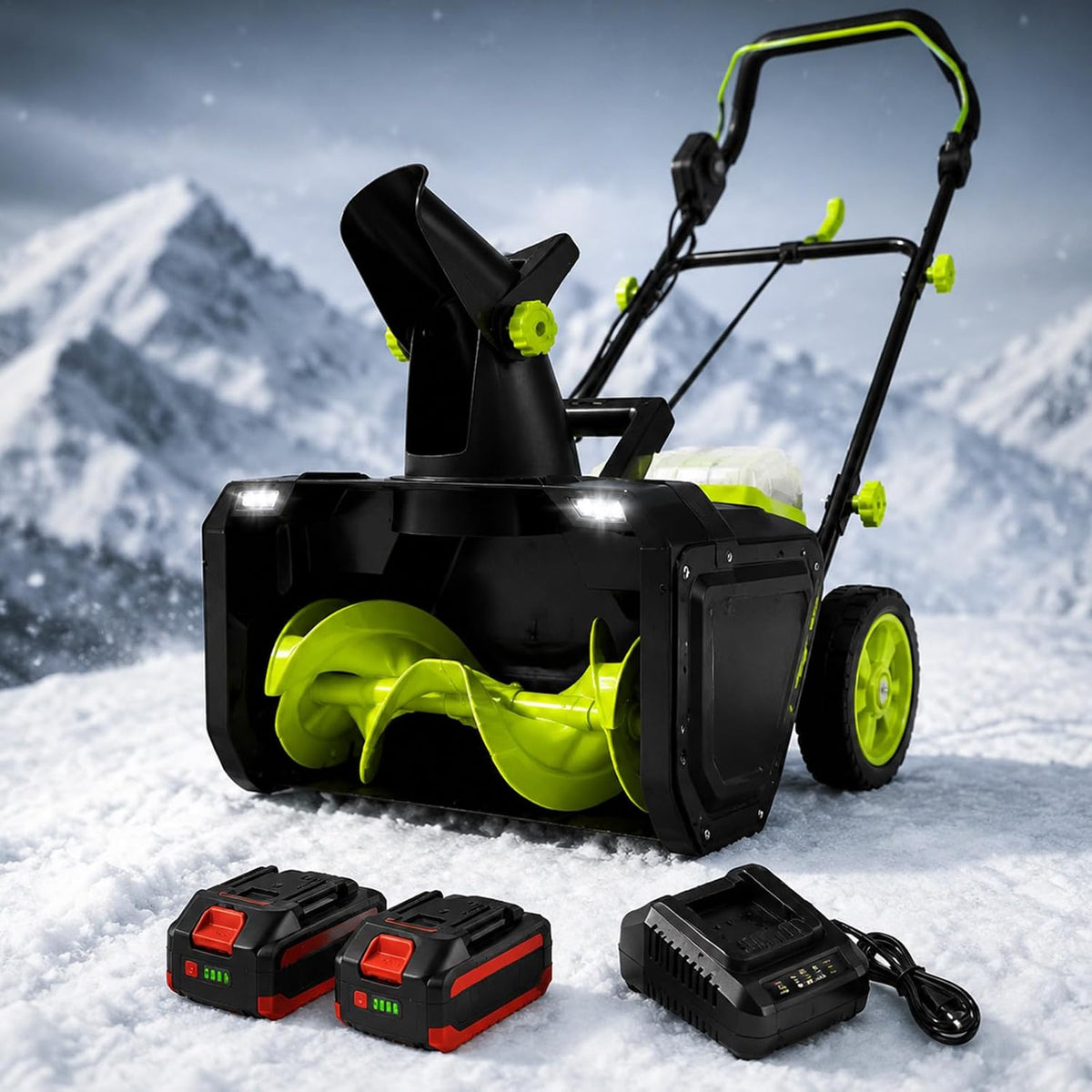 Naturalpowev fraise à neige, Moteur sans balais 3500 W, 4.0 Ah, 40 V, 7,6 m, Noir, électrique, Chargeur et Batterie 2Batteries