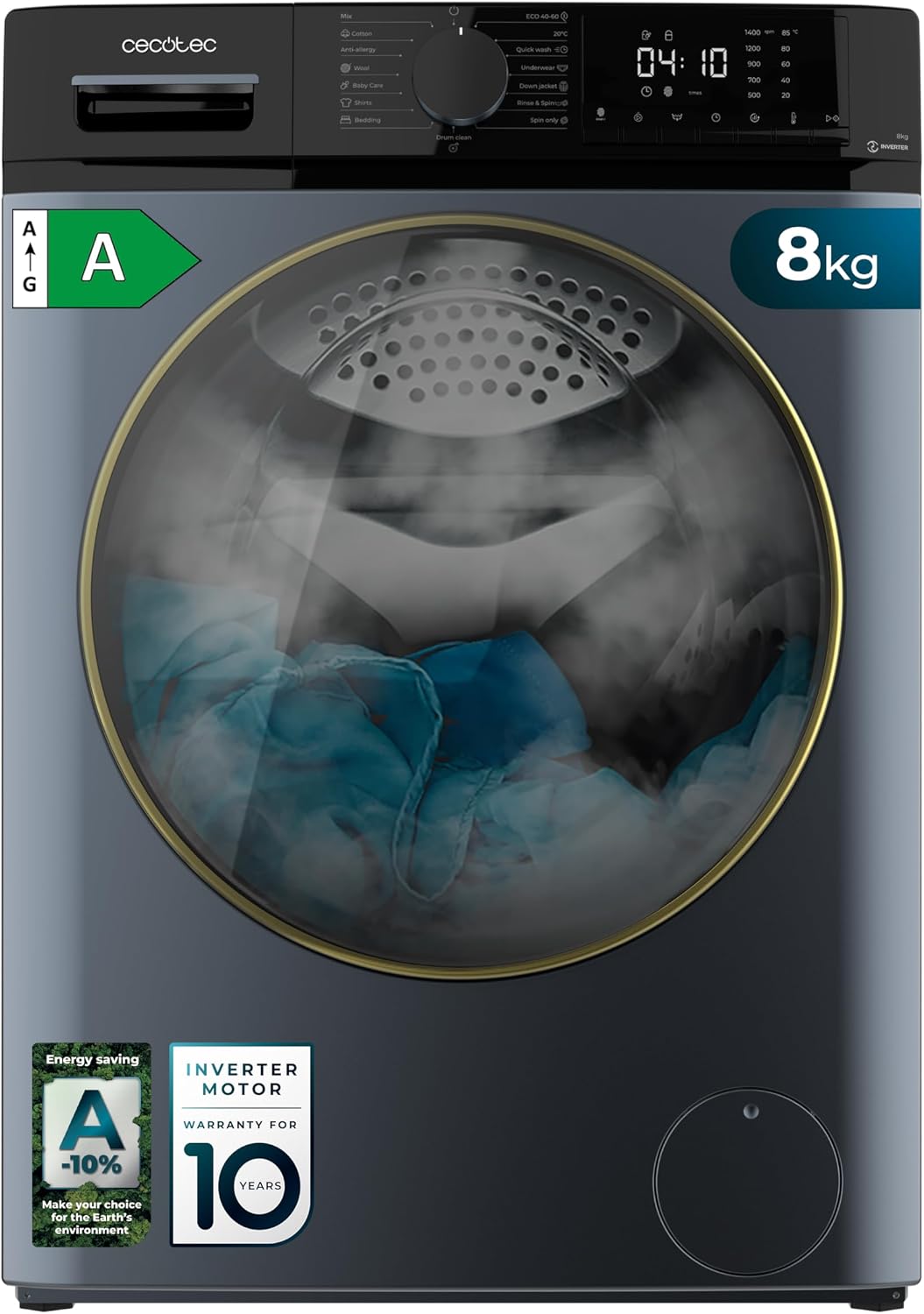 Cecotec lave-linge, 8 kg, 1400 RPM, 1400 tr/min, Bleu, Bolero DressCode 8610 Inverter Ice Blue A. Chargement Frontal