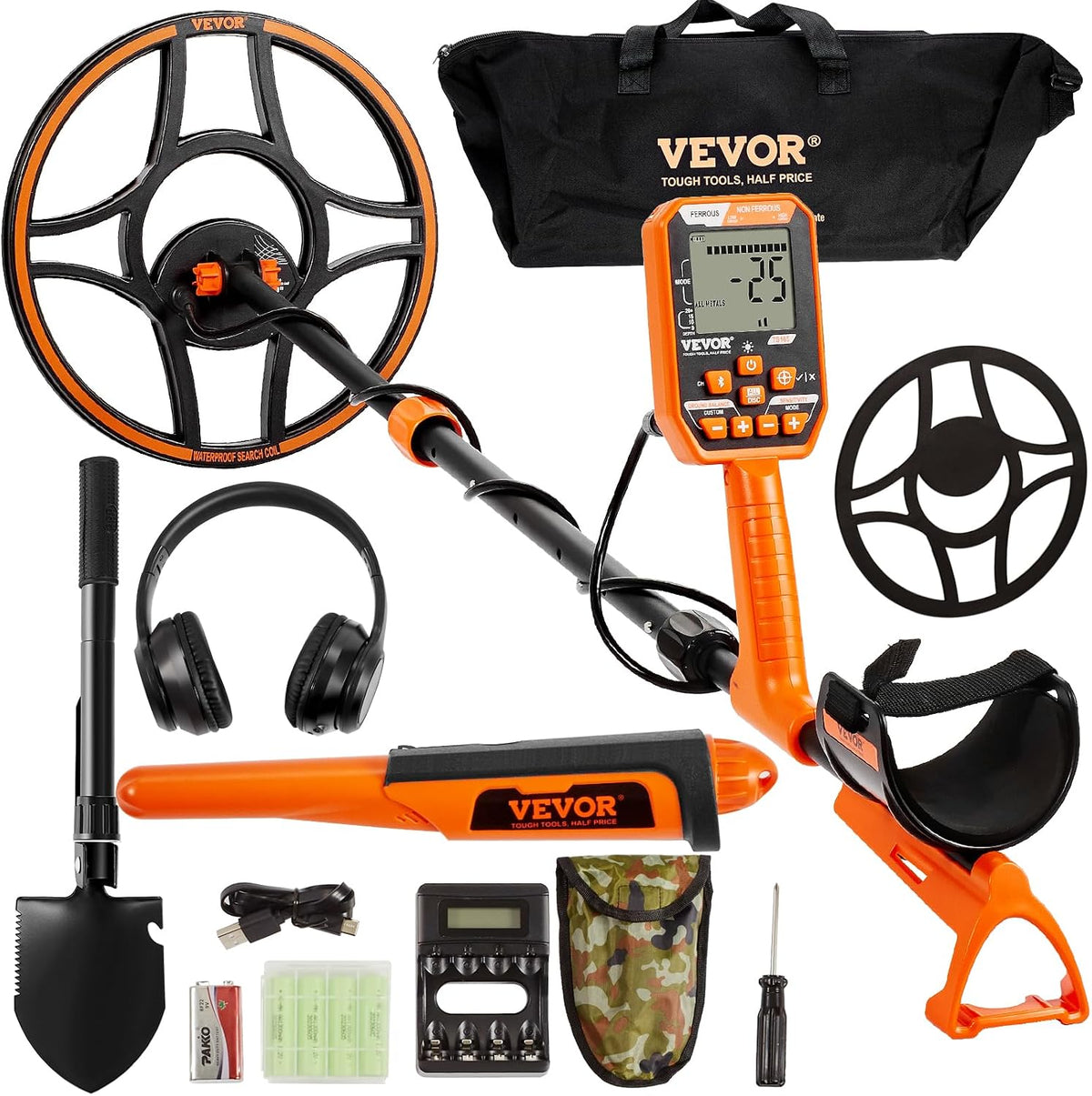 VEVOR Détecteurs de métaux, 6,8-9,6 V, ≥ 75 dB, 30,5 cm, 127 cm, ABS, Noir/Orange