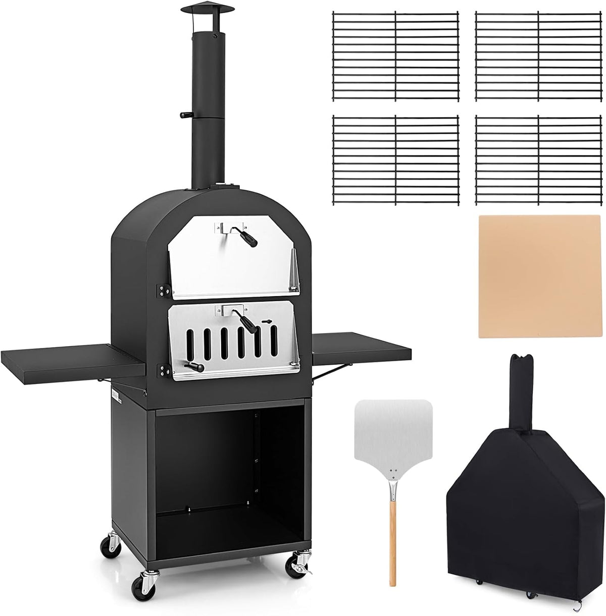 GOPLUS four à pizza, 116 x 44 x 170 cm (L x l x H), 30,5CM, 116x44x170CM, Noir, Extérieur, Chauffe à 350℃ en 5-10Min & Cuisson 2Min